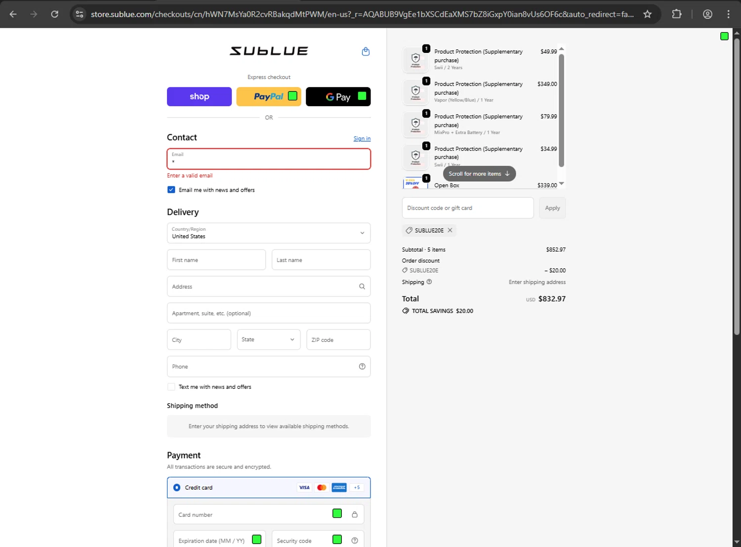 Sublue Official Store checkout page showing Sublue Official Store promo code box | Screenshot taken by SimplyCodes community member on Jan 8, 2026