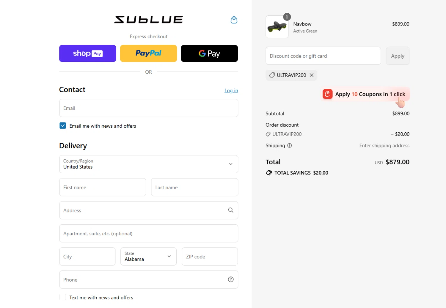 Sublue Official Store promo code screenshot showing code ULTRAVIP200 applied at Sublue Official Store checkout page. Uploaded by SimplyCodes community member josefranciscolucenao on Jul 16, 2025