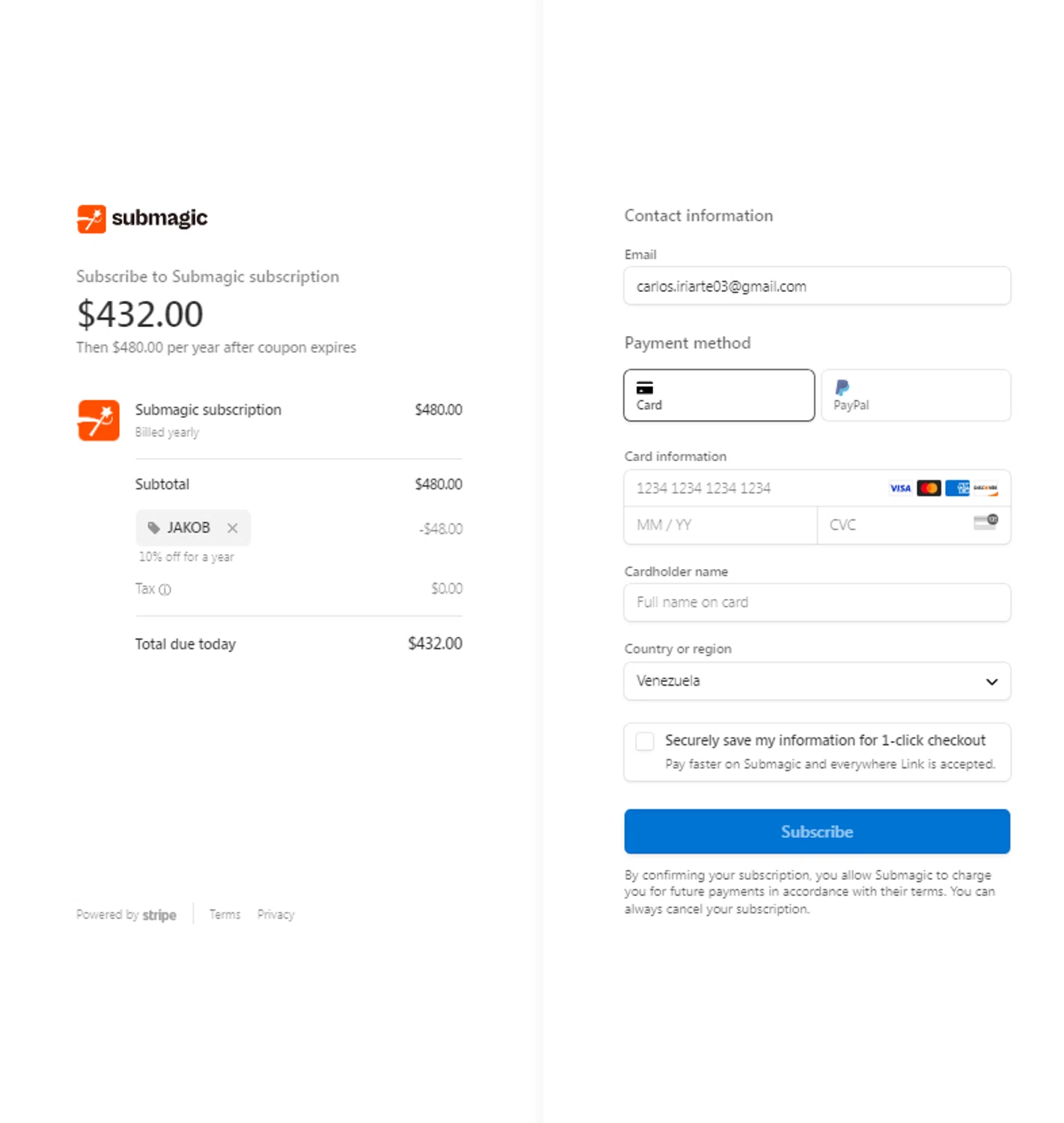 Submagic checkout page showing Submagic promo code box | Screenshot taken by SimplyCodes community member on Apr 10, 2024