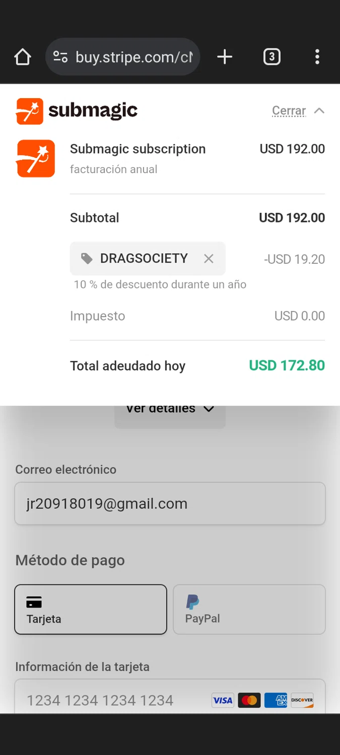Submagic checkout page showing Submagic promo code box | Screenshot taken by SimplyCodes community member on Apr 10, 2024