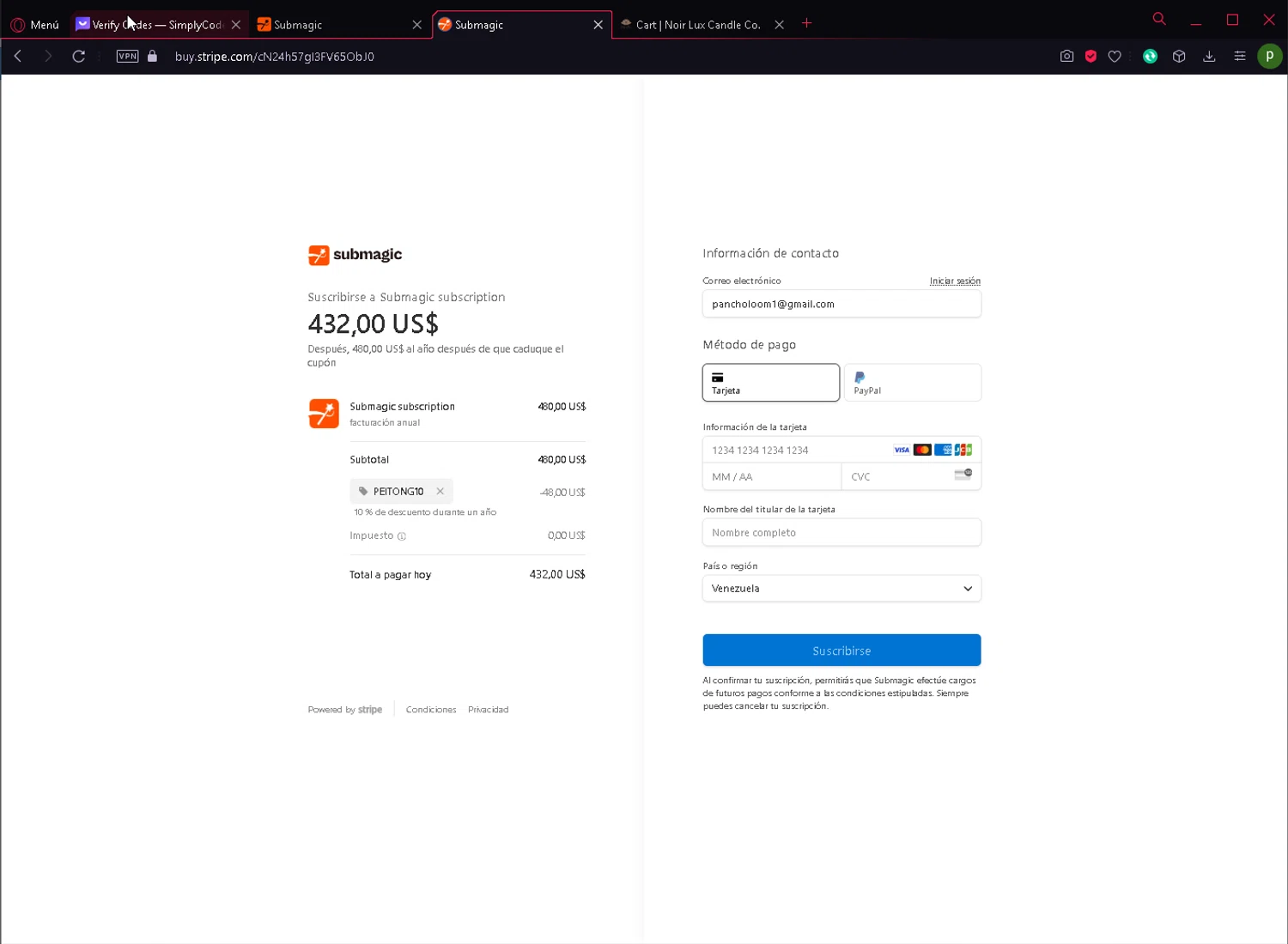 Submagic checkout page showing Submagic promo code box | Screenshot taken by SimplyCodes community member on Mar 9, 2024