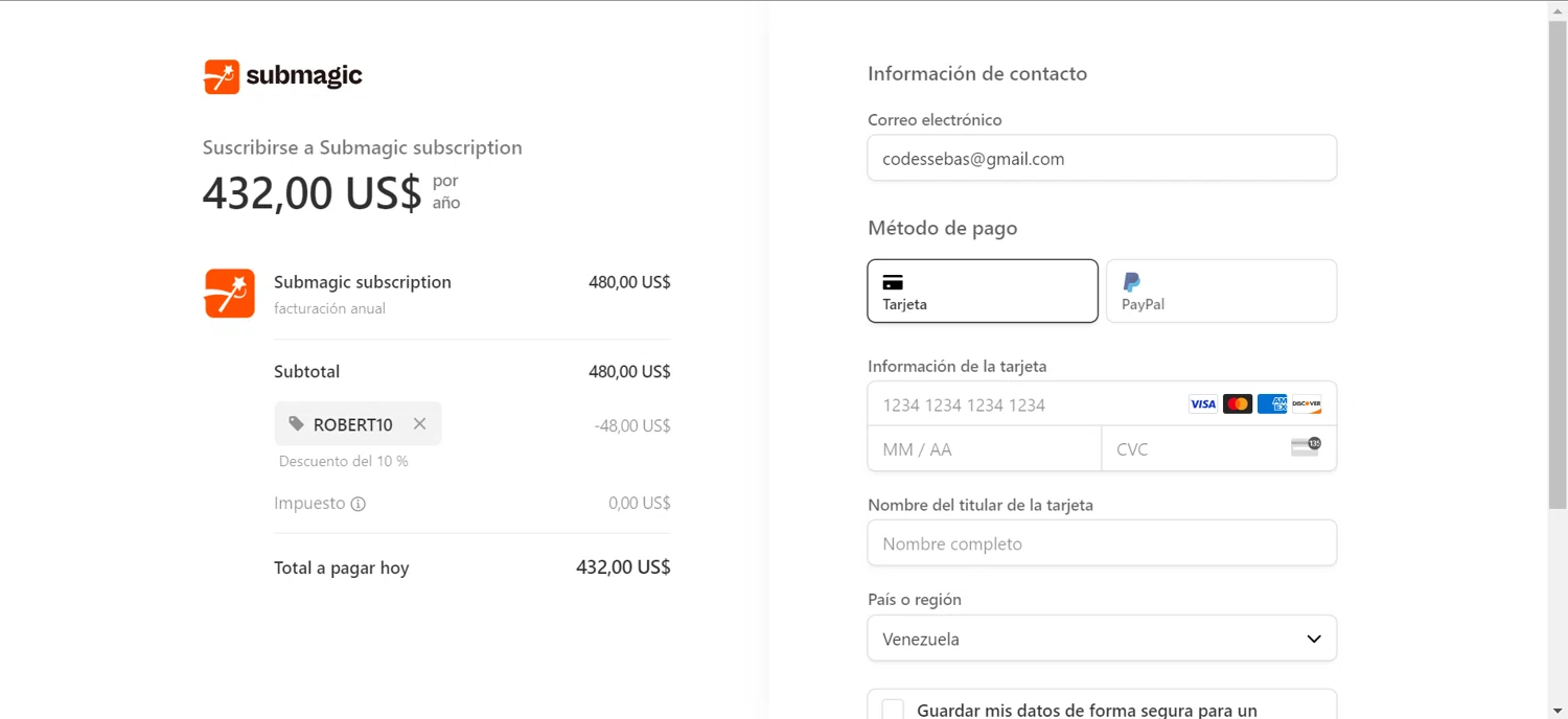 Submagic checkout page showing Submagic promo code box | Screenshot taken by SimplyCodes community member on Mar 6, 2024