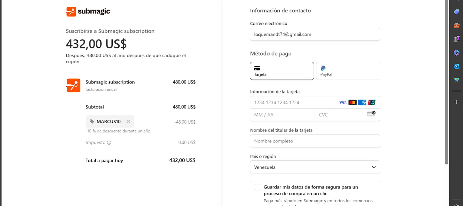 Submagic checkout page showing Submagic promo code box | Screenshot taken by SimplyCodes community member on Apr 10, 2024