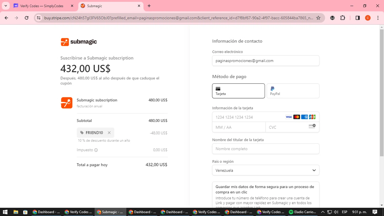 Submagic checkout page showing Submagic promo code box | Screenshot taken by SimplyCodes community member on Apr 10, 2024