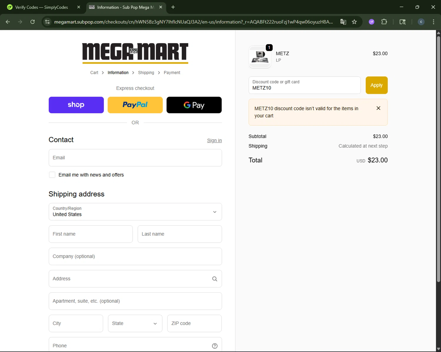 Sub Pop discount code screenshot showing code METZ10 applied at Sub Pop checkout page. Uploaded by SimplyCodes community member CouponAce2971 on Nov 12, 2025