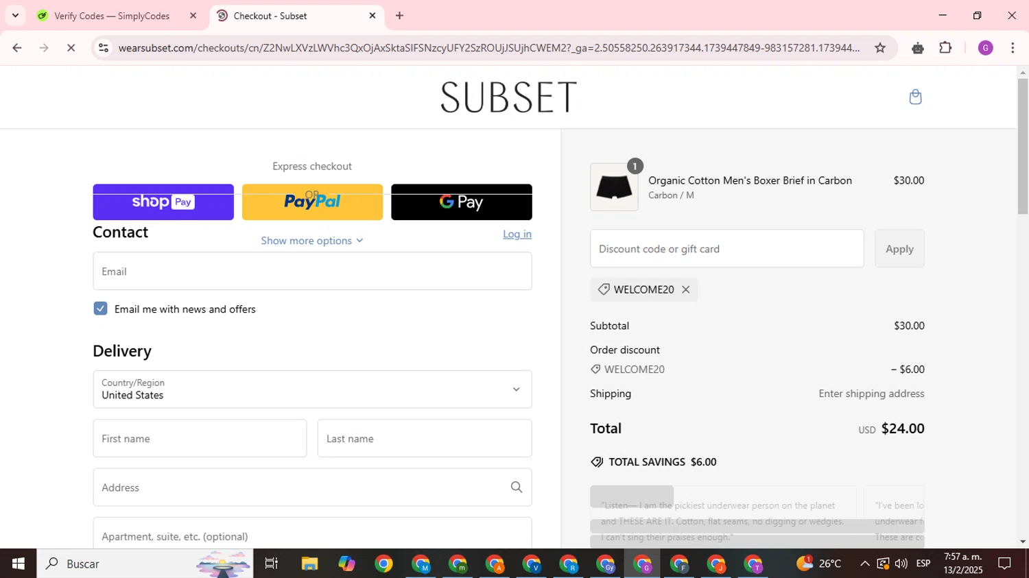 Subset discount code screenshot showing code WELCOME20 applied at Subset checkout page. Uploaded by SimplyCodes community member ValuePilot6849 on Feb 13, 2025