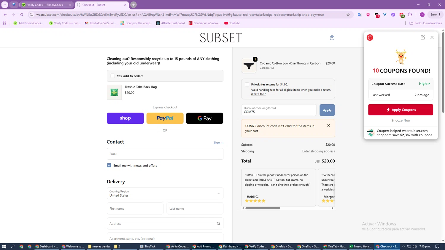 Subset discount code screenshot showing code COM75 applied at Subset checkout page. Uploaded by SimplyCodes community member GoldSage6451 on Nov 30, 2025