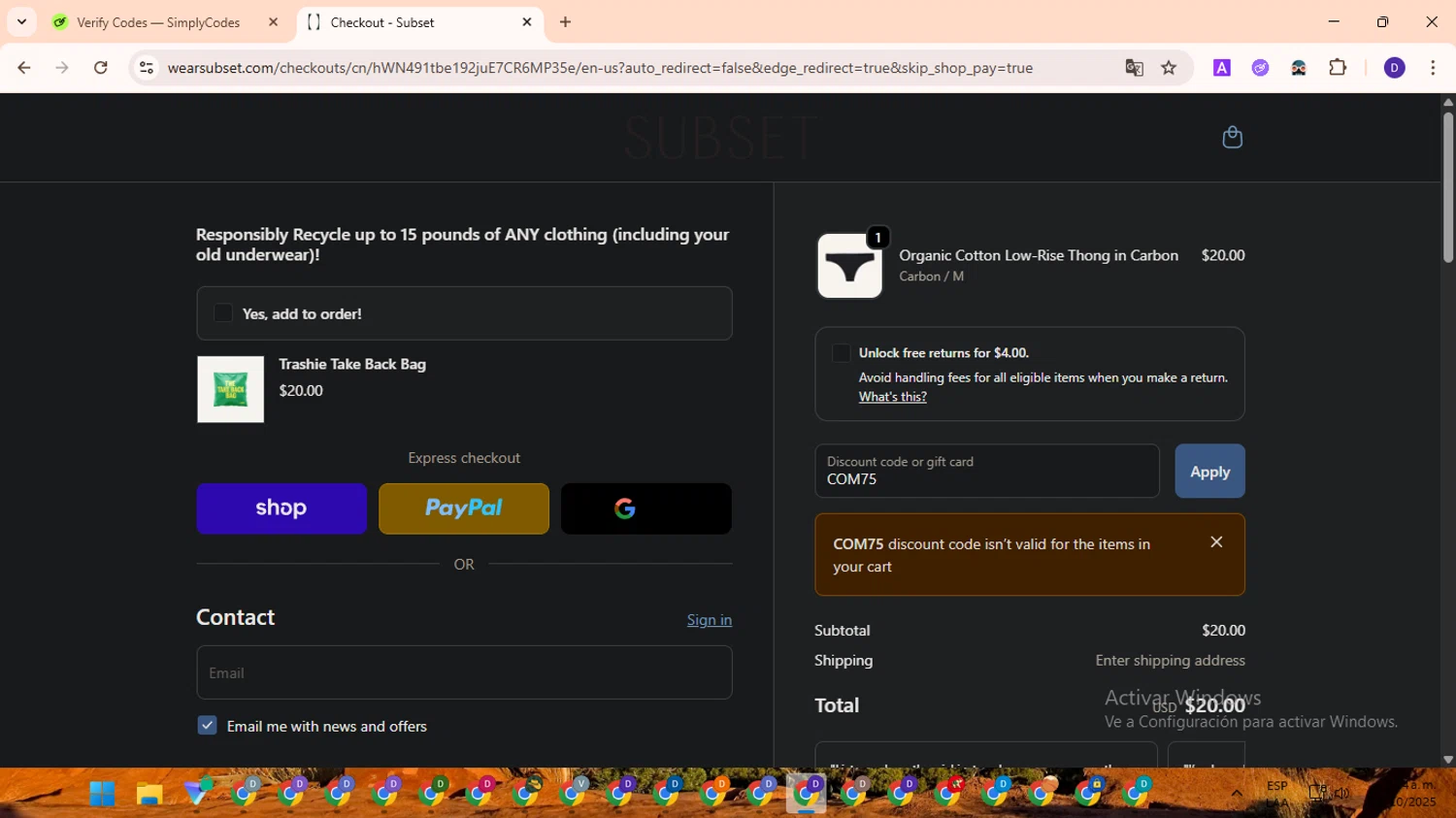 Subset discount code screenshot showing code COM75 applied at Subset checkout page. Uploaded by SimplyCodes community member PromoLion4240 on Oct 15, 2025