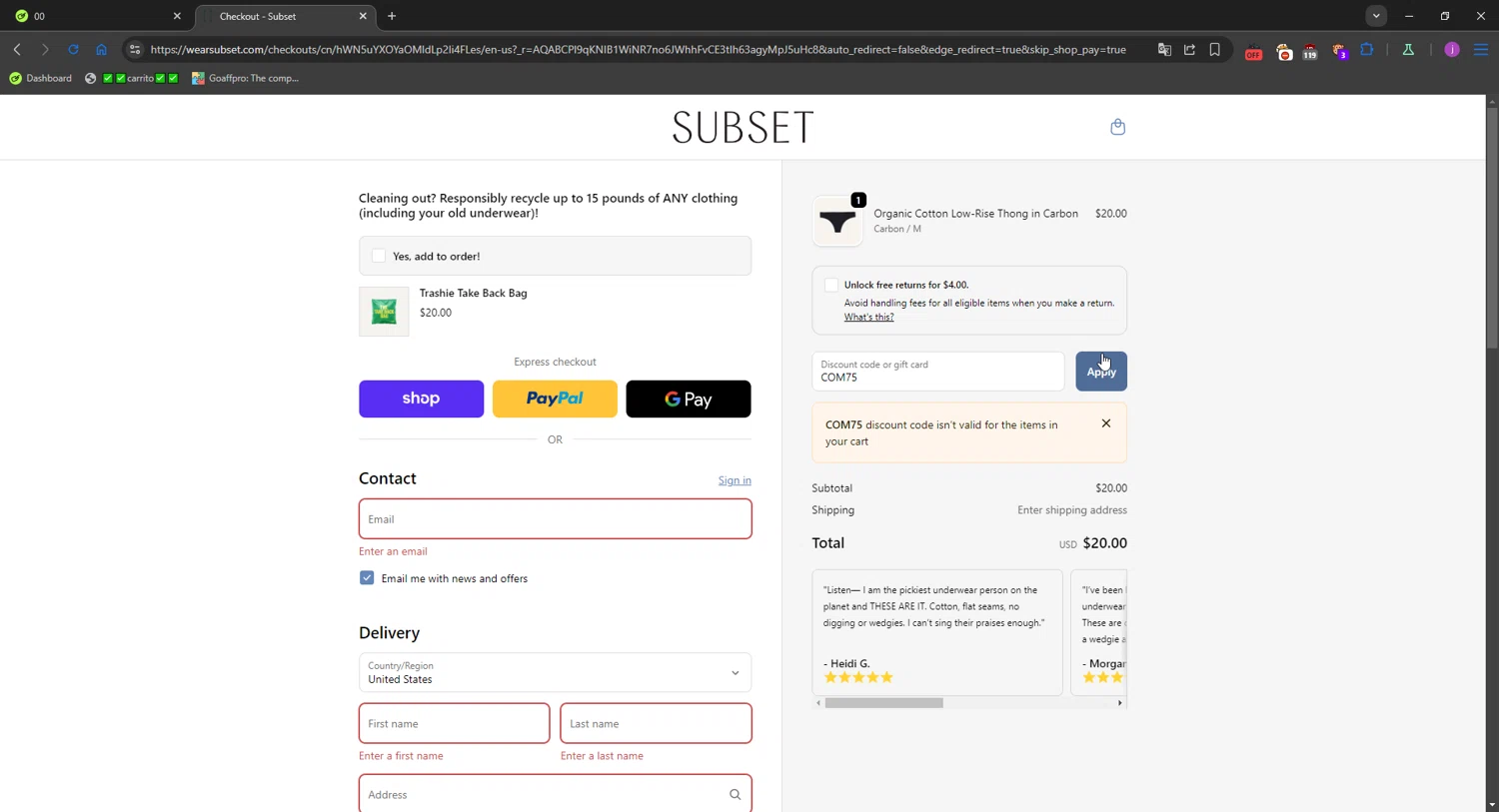 Subset discount code screenshot showing code COM75 applied at Subset checkout page. Uploaded by SimplyCodes community member WonderMaverick6123 on Dec 1, 2025