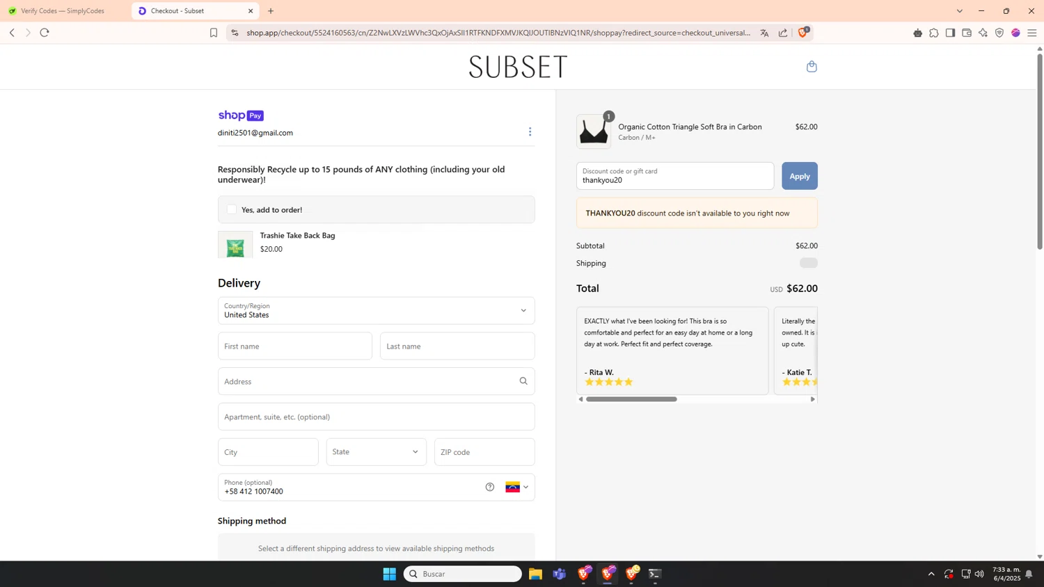 Subset discount code screenshot showing code thankyou20 applied at Subset checkout page. Uploaded by SimplyCodes community member AnthonyGTX on Apr 6, 2025
