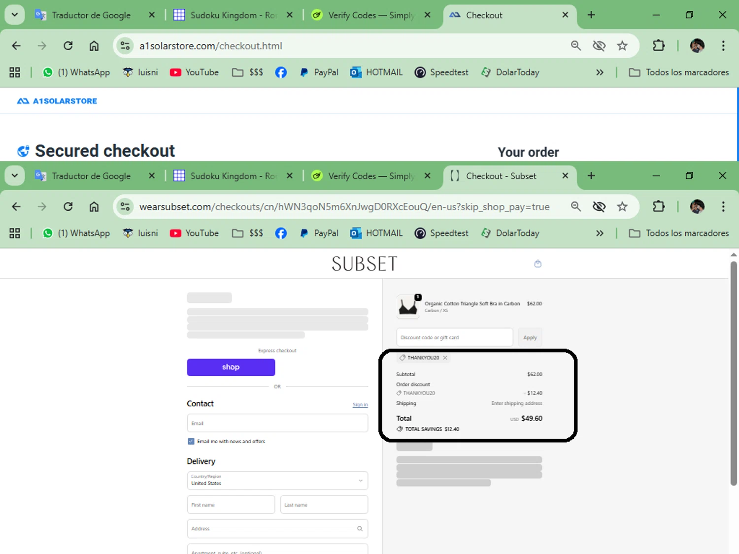 Subset discount code screenshot showing code thankyou20 applied at Subset checkout page. Uploaded by SimplyCodes community member luisrodriguez on Oct 7, 2025