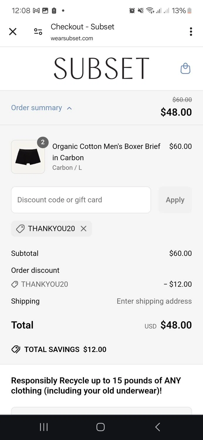 Subset discount code screenshot showing code thankyou20 applied at Subset checkout page. Uploaded by SimplyCodes community member ronyacosta on May 7, 2025