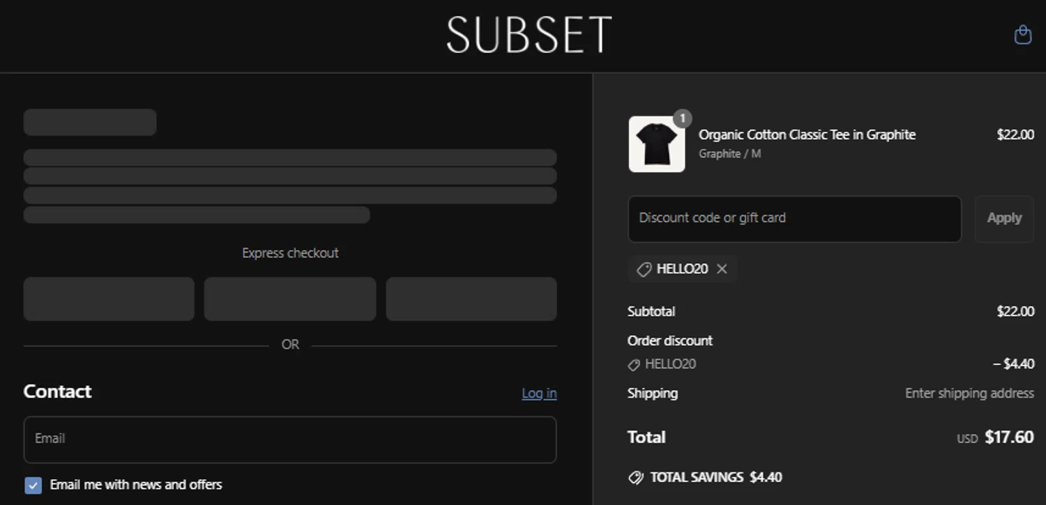Subset discount code screenshot showing code HELLO20 applied at Subset checkout page. Uploaded by SimplyCodes community member idkxxx on May 13, 2025