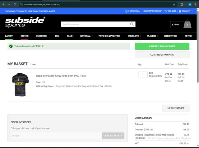 Subside Sports checkout page showing Subside Sports discount code box | Screenshot taken by SimplyCodes community member on Mar 20, 2025