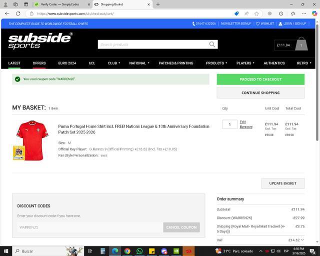 Subside Sports checkout page showing Subside Sports discount code box | Screenshot taken by SimplyCodes community member on Mar 16, 2025