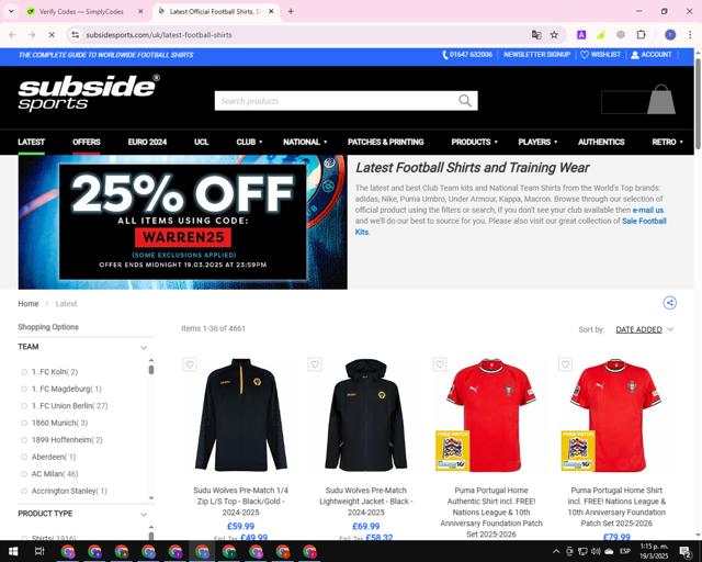 Subside Sports checkout page showing Subside Sports discount code box | Screenshot taken by SimplyCodes community member on Mar 19, 2025
