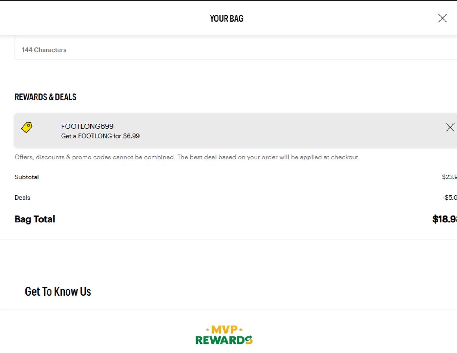 Subway promo code screenshot showing code FOOTLONG699 applied at Subway checkout page. Uploaded by SimplyCodes community member ______ on Aug 11, 2025