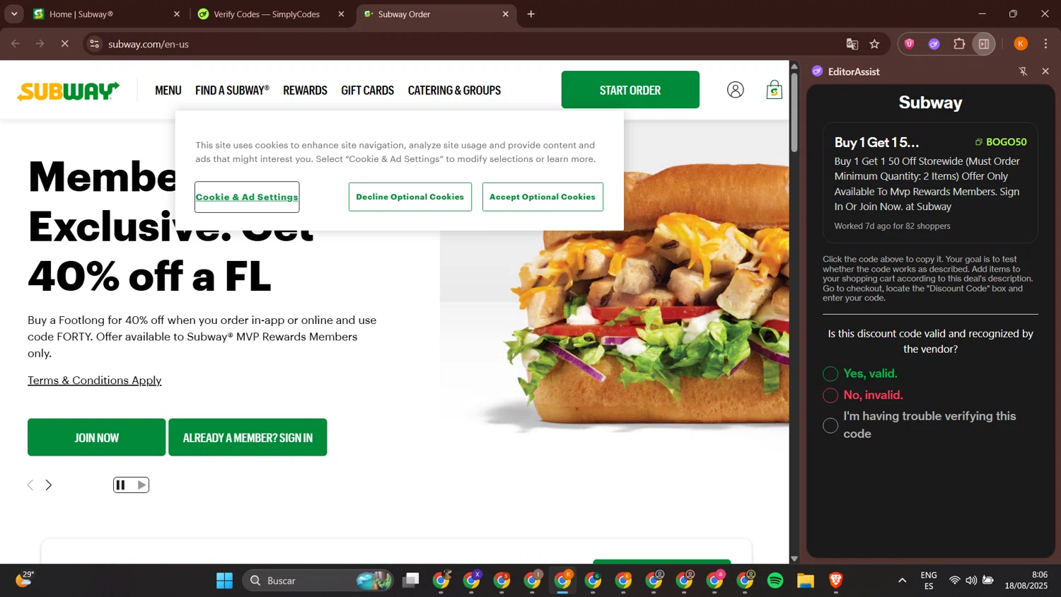 Subway promo code screenshot showing code BOGO50 applied at Subway checkout page. Uploaded by SimplyCodes community member BonusCurator3058 on Aug 18, 2025