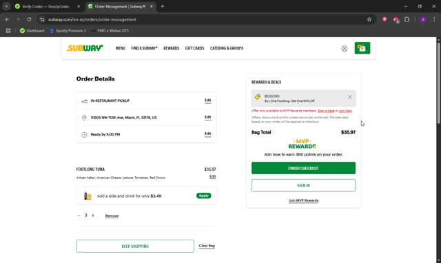 Subway checkout page showing Subway promo code box | Screenshot taken by SimplyCodes community member on Aug 9, 2025