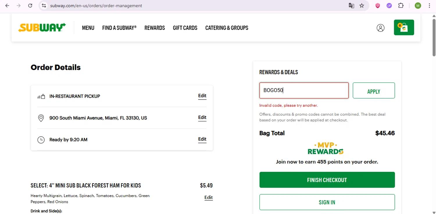 Subway promo code screenshot showing code BOGO50 applied at Subway checkout page. Uploaded by SimplyCodes community member SaleSentinel7319 on Aug 18, 2025