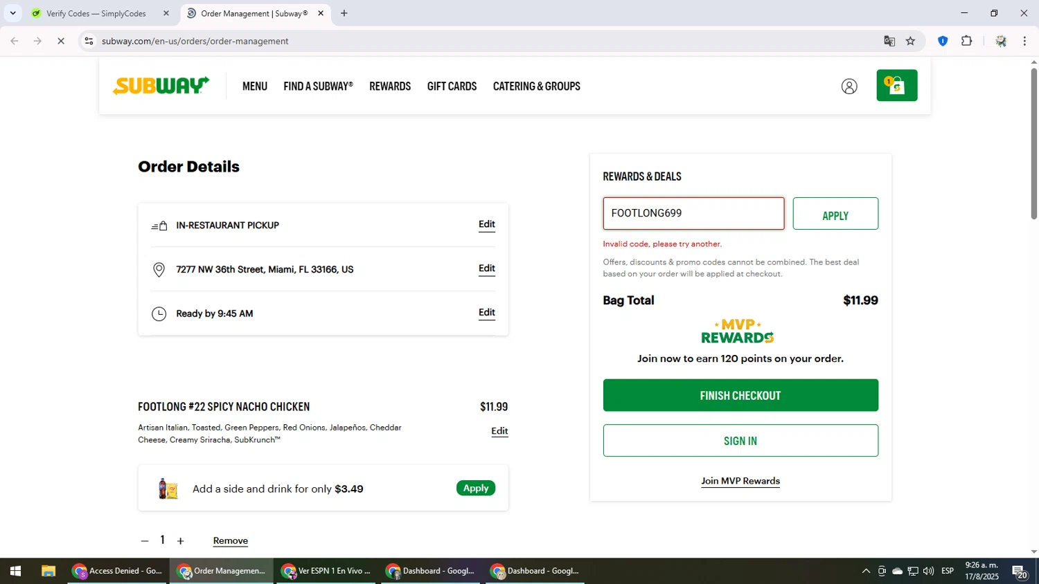 Subway promo code screenshot showing code FOOTLONG699 applied at Subway checkout page. Uploaded by SimplyCodes community member MightyLegend6657 on Aug 17, 2025