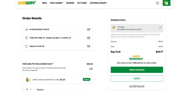 Subway checkout page showing Subway promo code box | Screenshot taken by SimplyCodes community member on Aug 5, 2025