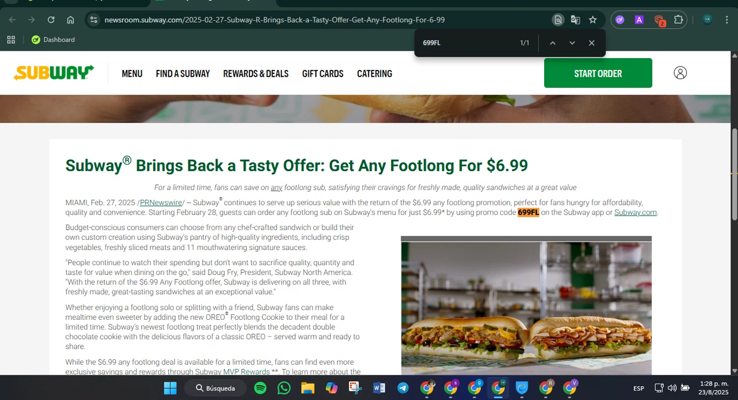 Subway promo code screenshot showing code 699FL applied at Subway checkout page. Uploaded by SimplyCodes community member Charly2607 on Aug 23, 2025