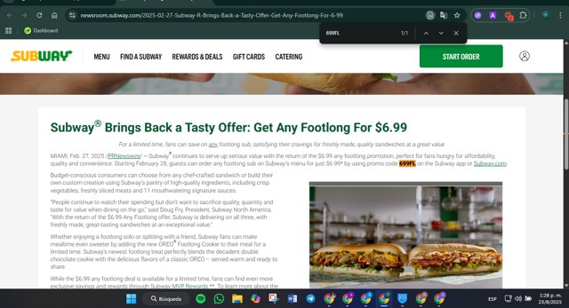 Subway checkout page showing Subway promo code box | Screenshot taken by SimplyCodes community member on Aug 23, 2025
