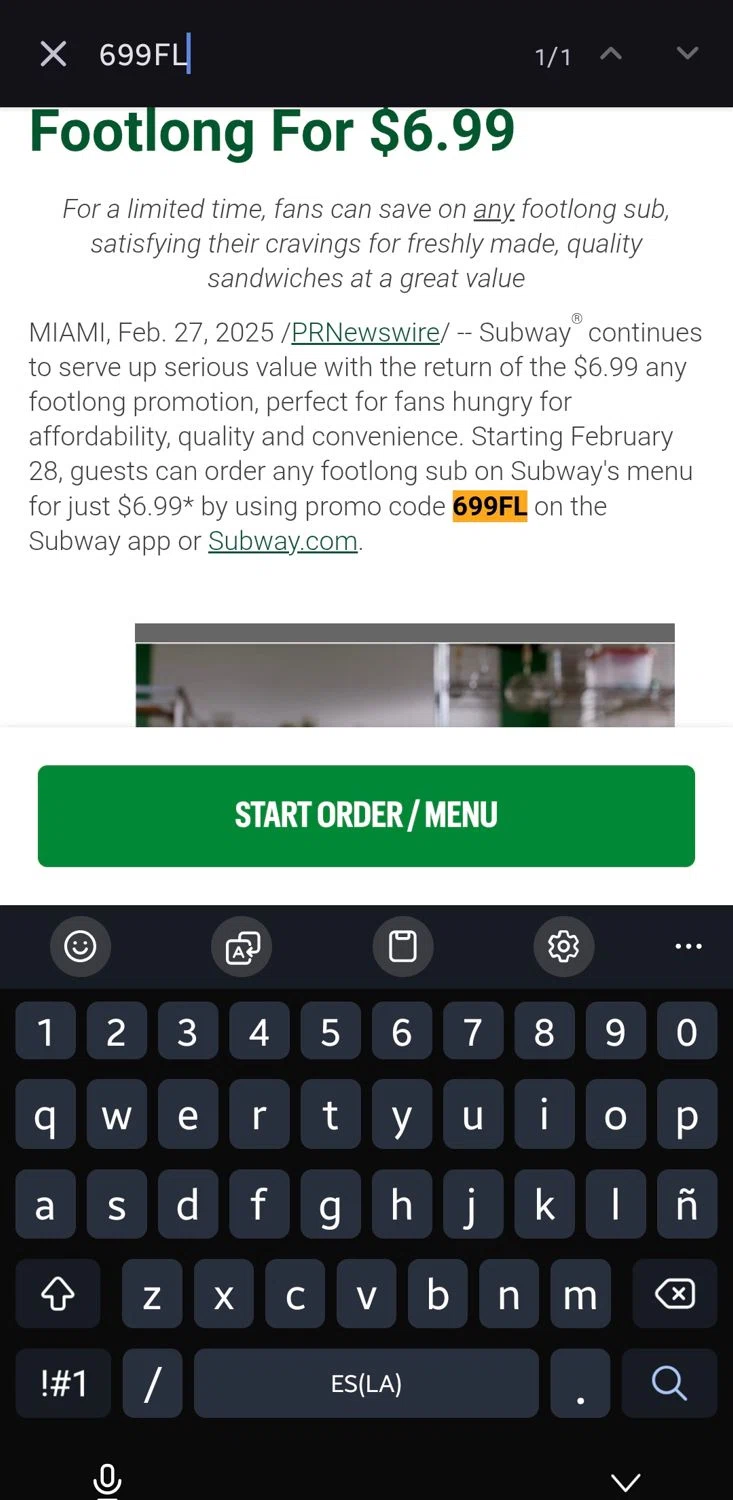 Subway promo code screenshot showing code 699FL applied at Subway checkout page. Uploaded by SimplyCodes community member Charly2607 on Aug 29, 2025