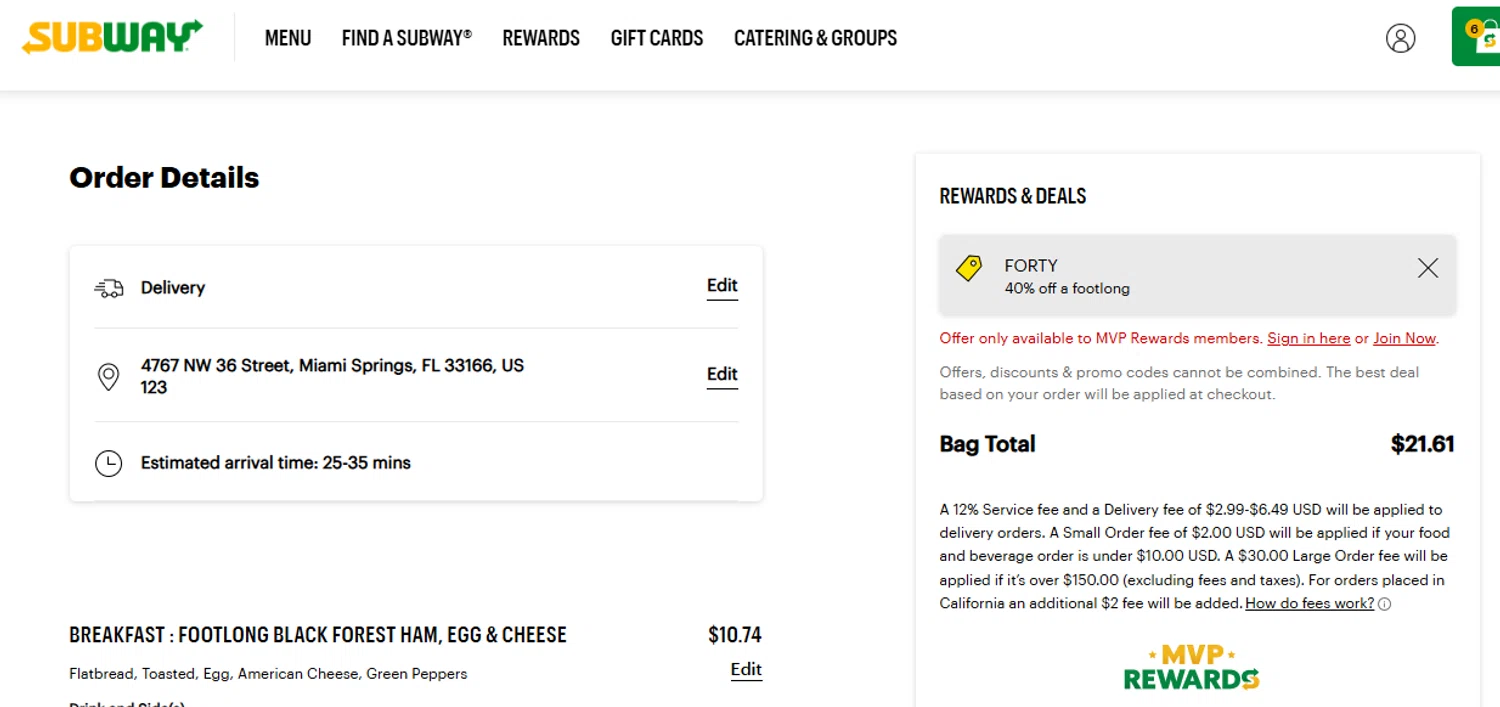 Subway promo code screenshot showing code FORTY applied at Subway checkout page. Uploaded by SimplyCodes community member CoinWhiz6239 on Aug 13, 2025