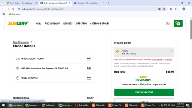 Subway checkout page showing Subway promo code box | Screenshot taken by SimplyCodes community member on Aug 13, 2025