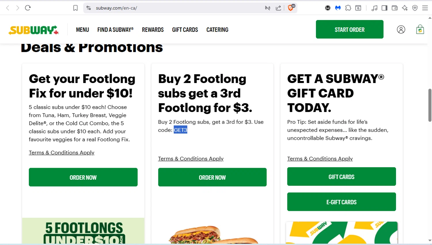 Subway promo code screenshot showing code GET3 applied at Subway checkout page. Uploaded by SimplyCodes community member dayselis15 on Aug 26, 2025