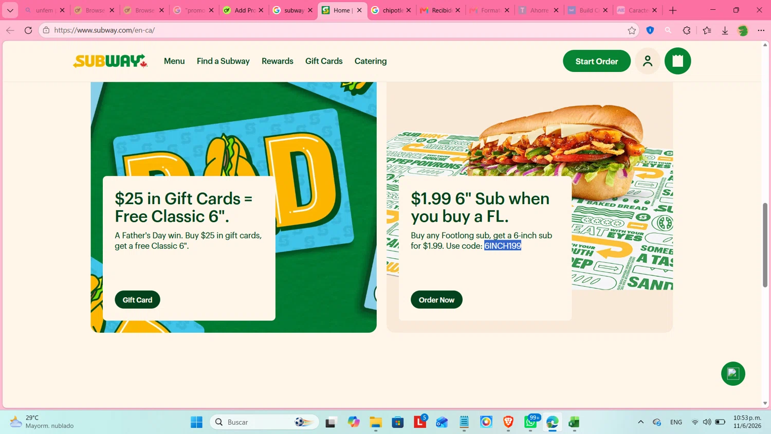 Subway promo code screenshot showing code 6INCH199 applied at Subway checkout page. Uploaded by SimplyCodes community member cosita on Jun 12, 2026
