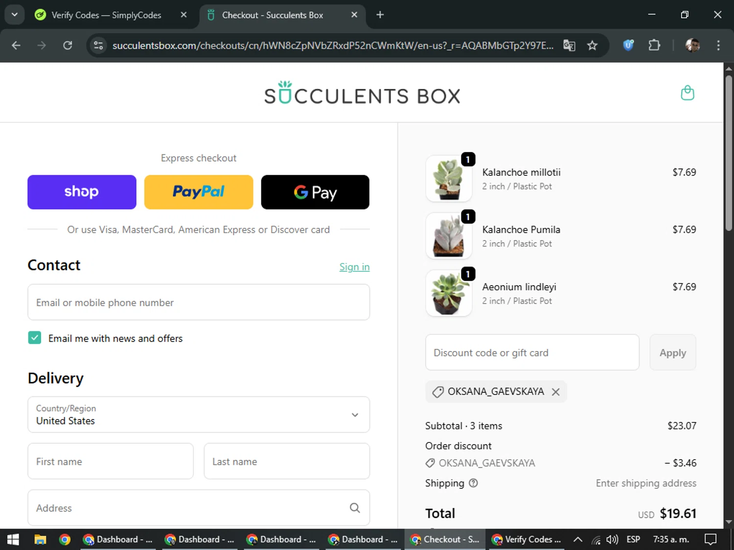 Succulents Box promo code screenshot showing code OKSANA_GAEVSKAYA applied at Succulents Box checkout page. Uploaded by SimplyCodes community member DiscountSeeker682 on Feb 10, 2026