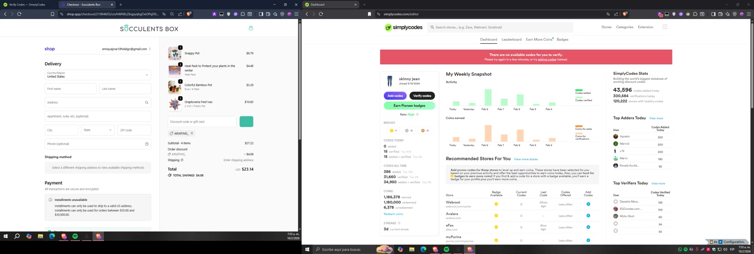 Succulents Box promo code screenshot showing code ARIATING_ applied at Succulents Box checkout page. Uploaded by SimplyCodes community member Carlos54 on Feb 10, 2026
