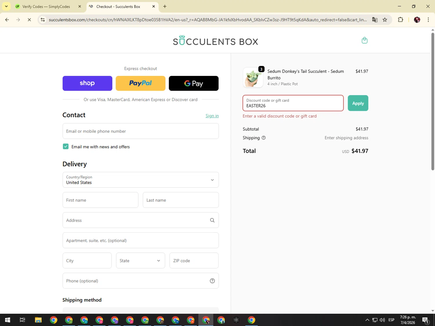 Succulents Box promo code screenshot showing code EASTER26 applied at Succulents Box checkout page. Uploaded by SimplyCodes community member KimDokja on Apr 7, 2026