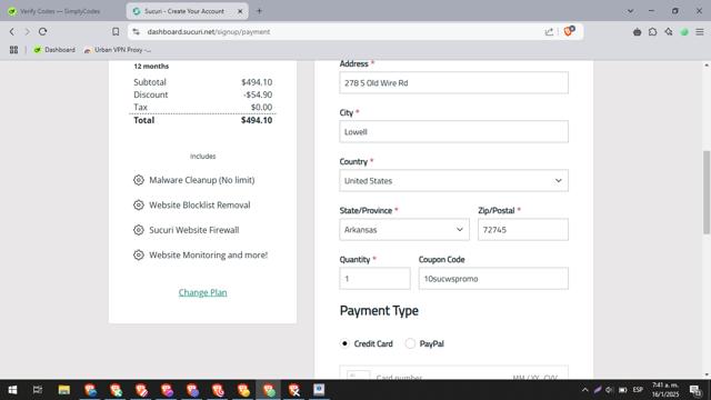 Sucuri checkout page showing Sucuri discount code box | Screenshot taken by SimplyCodes community member on Jan 16, 2025