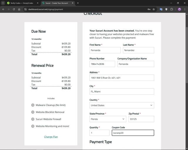 Sucuri checkout page showing Sucuri discount code box | Screenshot taken by SimplyCodes community member on Jan 16, 2025