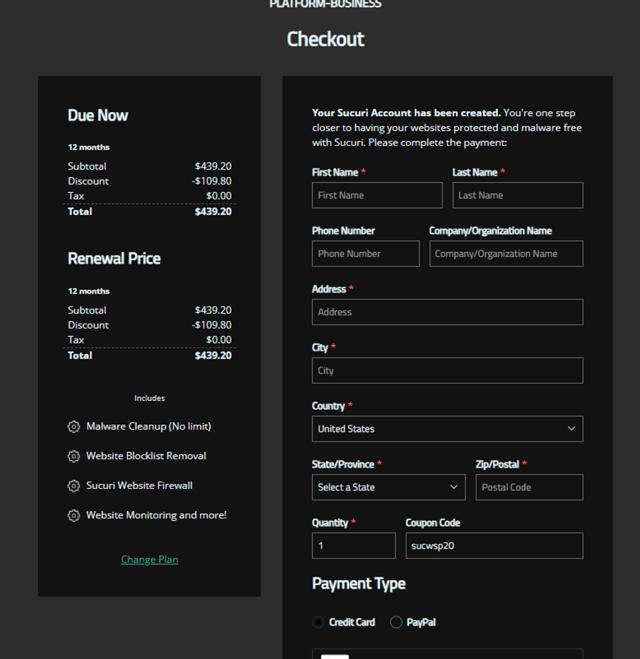Sucuri checkout page showing Sucuri discount code box | Screenshot taken by SimplyCodes community member on May 27, 2025