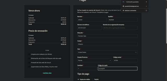 Sucuri checkout page showing Sucuri discount code box | Screenshot taken by SimplyCodes community member on Mar 15, 2025
