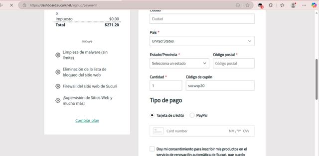 Sucuri checkout page showing Sucuri discount code box | Screenshot taken by SimplyCodes community member on Feb 14, 2025