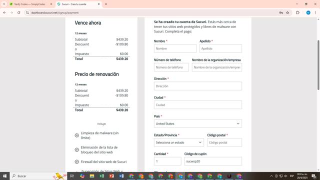 Sucuri checkout page showing Sucuri discount code box | Screenshot taken by SimplyCodes community member on Apr 20, 2025
