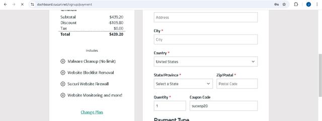 Sucuri checkout page showing Sucuri discount code box | Screenshot taken by SimplyCodes community member on Mar 22, 2025