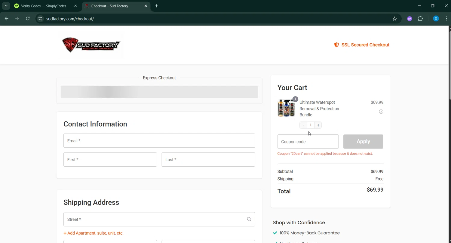 Sud Factory promo code screenshot showing code 20CART applied at Sud Factory checkout page. Uploaded by SimplyCodes community member _____________ on Jan 30, 2026