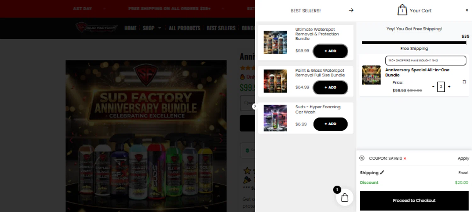 Sud Factory promo code screenshot showing code SAVE10 applied at Sud Factory checkout page. Uploaded by SimplyCodes community member TraxoGamer on Jan 11, 2026