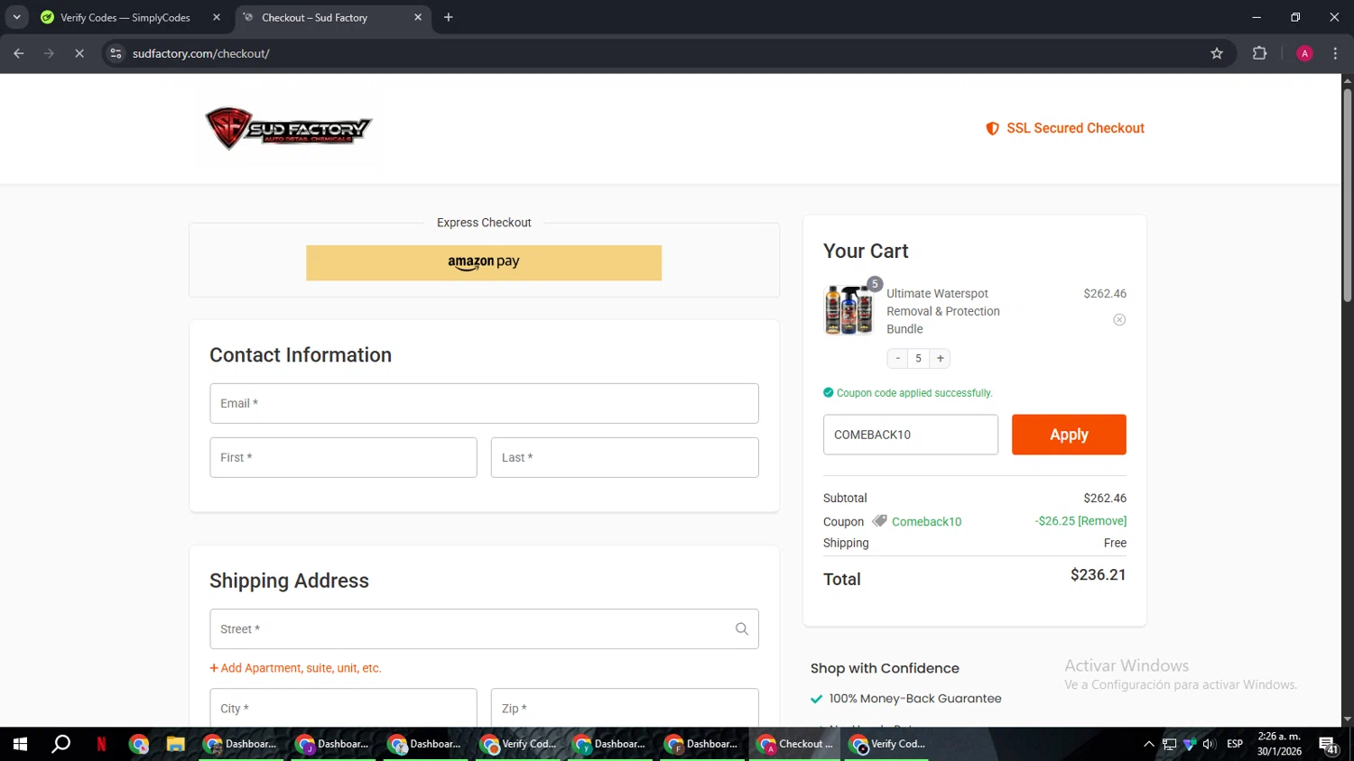 Sud Factory promo code screenshot showing code COMEBACK10 applied at Sud Factory checkout page. Uploaded by SimplyCodes community member BMWGS1200 on Jan 30, 2026