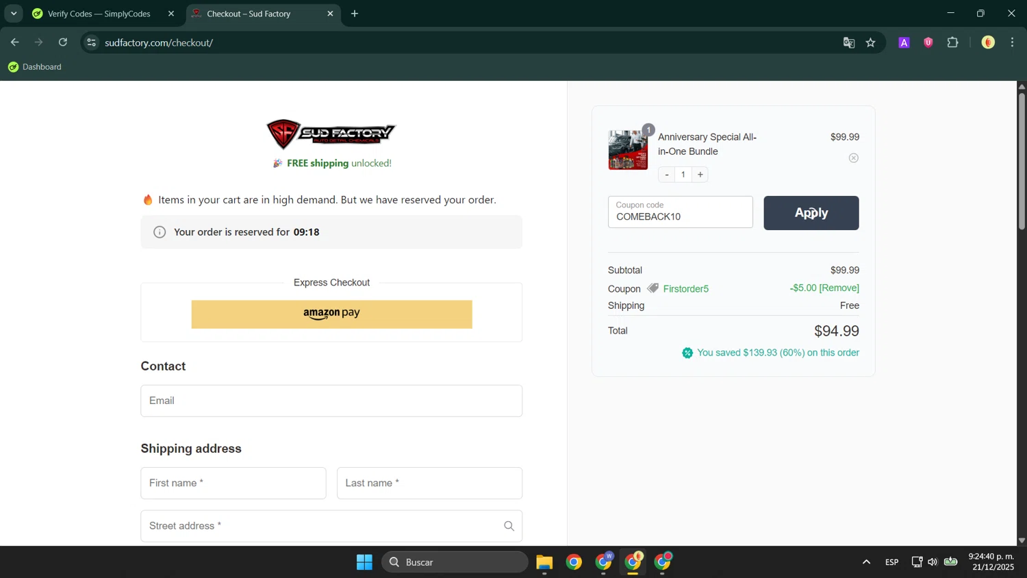 Sud Factory promo code screenshot showing code COMEBACK10 applied at Sud Factory checkout page. Uploaded by SimplyCodes community member LuckyShopper9694 on Dec 22, 2025