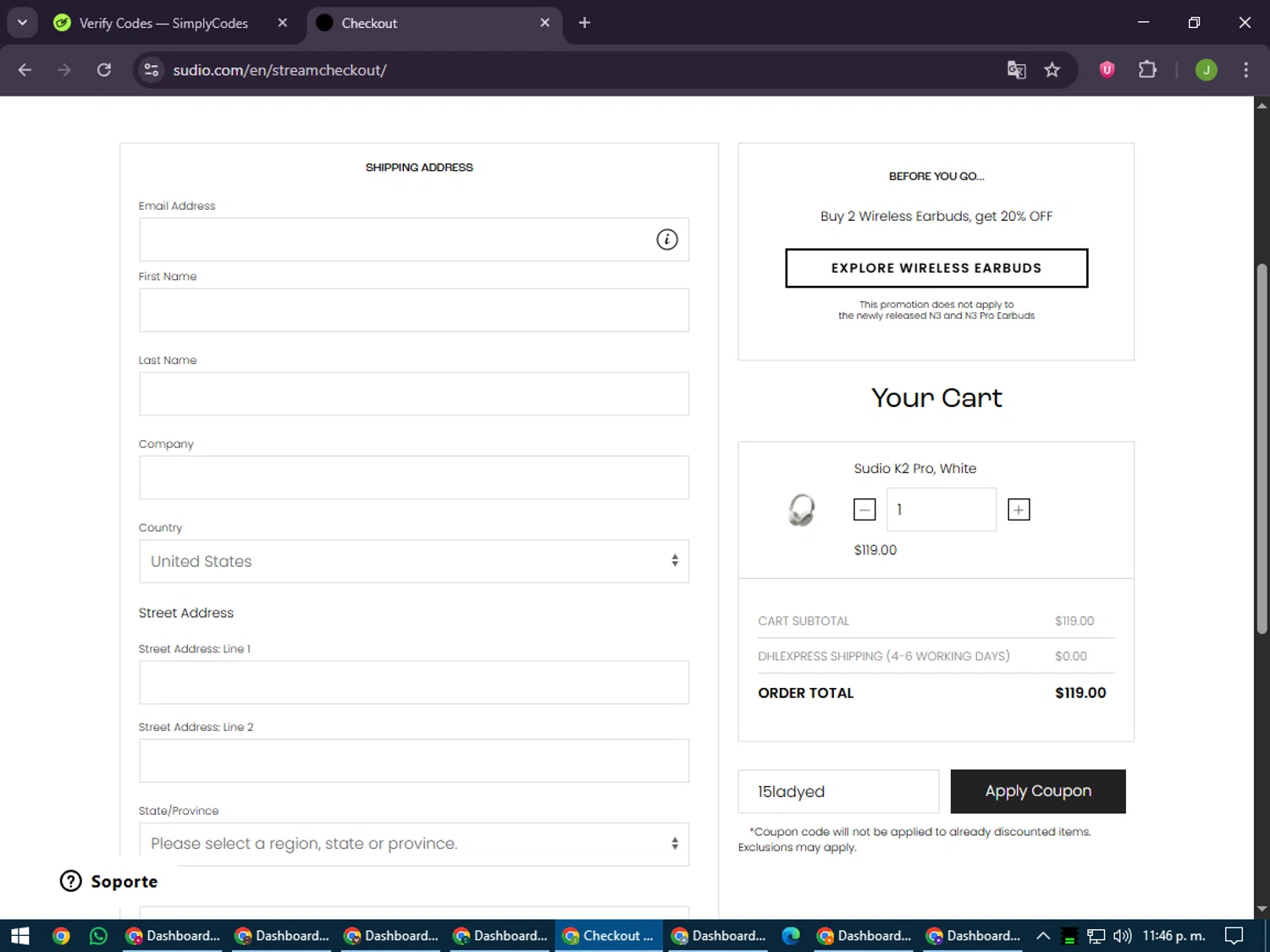 Sudio discount code screenshot showing code 15ladyed applied at Sudio checkout page. Uploaded by SimplyCodes community member LilBaby on Jun 5, 2025