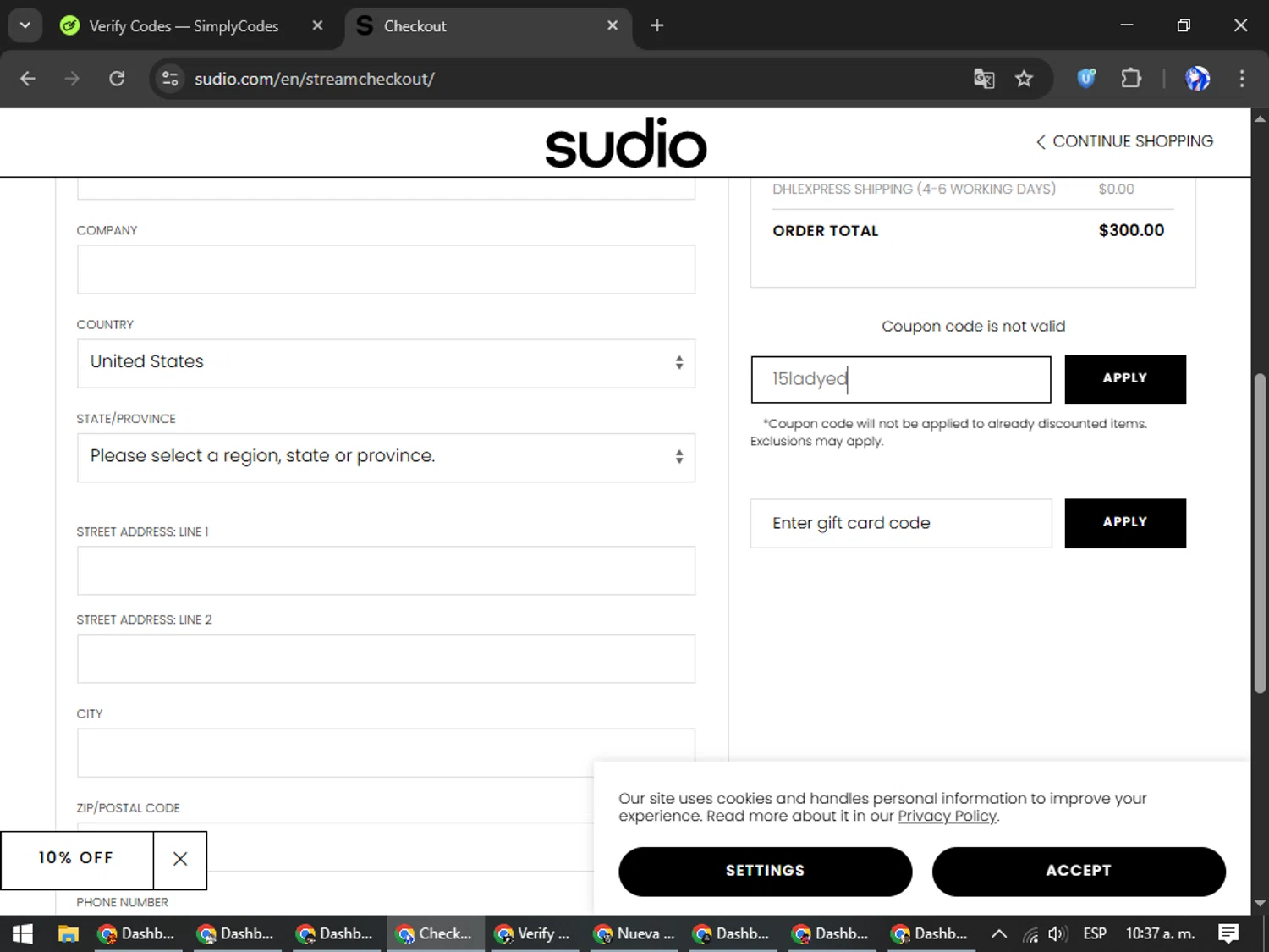 Sudio checkout page showing Sudio discount code box | Screenshot taken by SimplyCodes community member on Jan 8, 2026