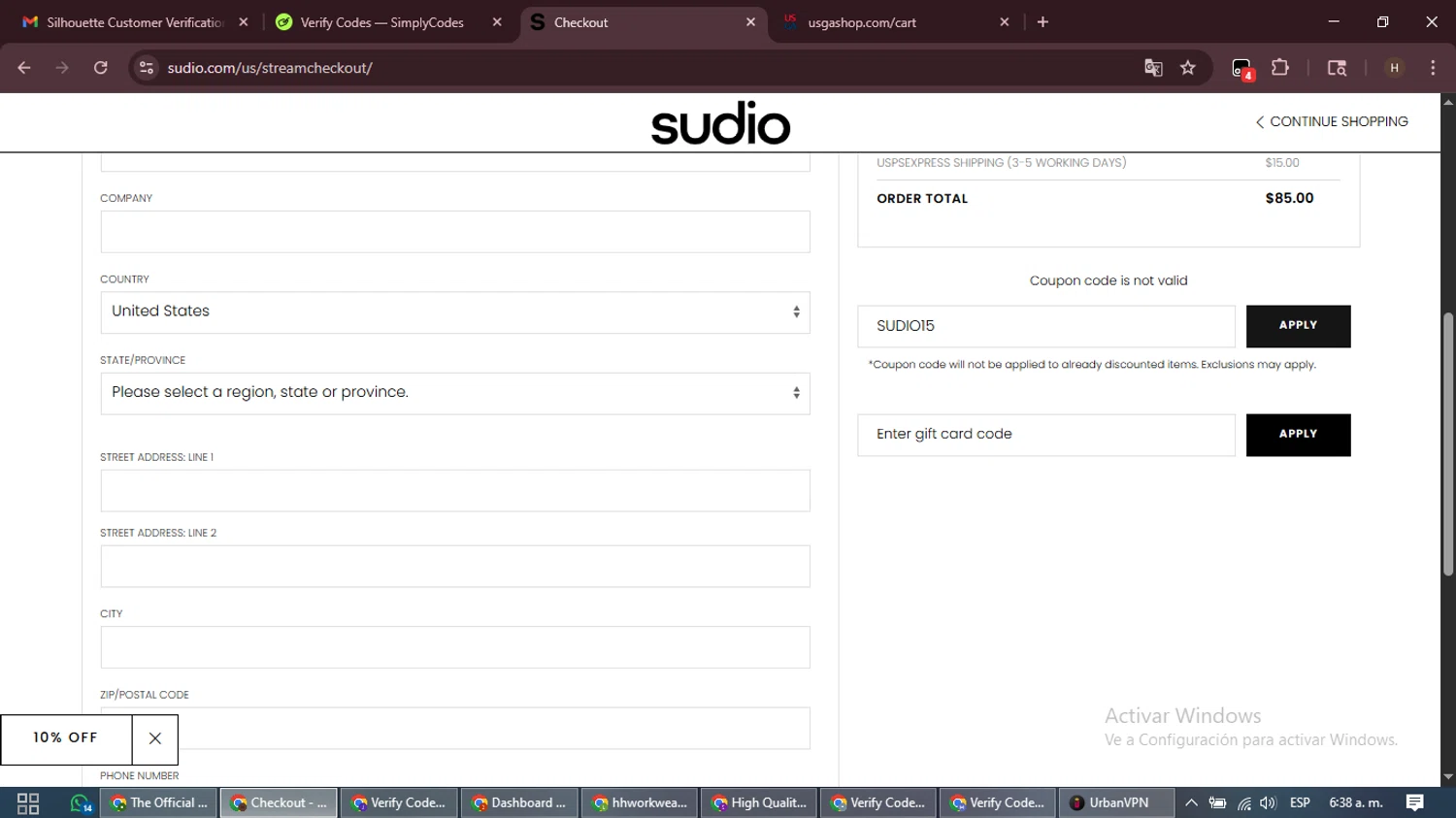 Sudio promo code screenshot showing code SUDIO15 applied at Sudio checkout page. Uploaded by SimplyCodes community member VictoriousPioneer8823 on Dec 22, 2025